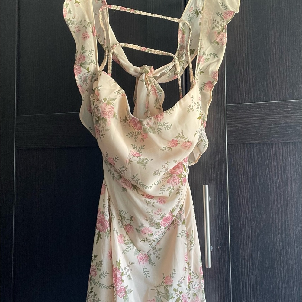 Storia Cream Backless Dress with Pink Floral Design